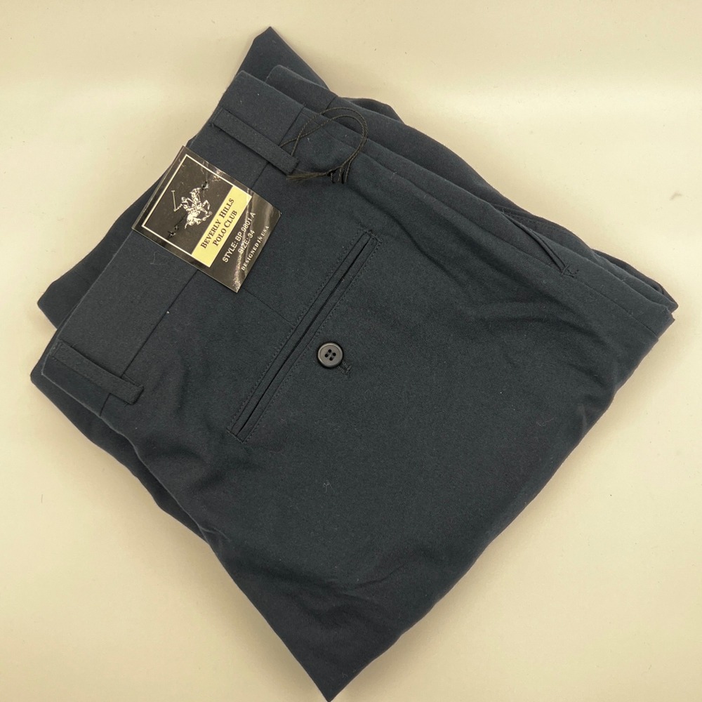 Beverly Hills Polo Club Dress Pants Mens‎ fits 34x27 Navy Blue A Flat Front NEW